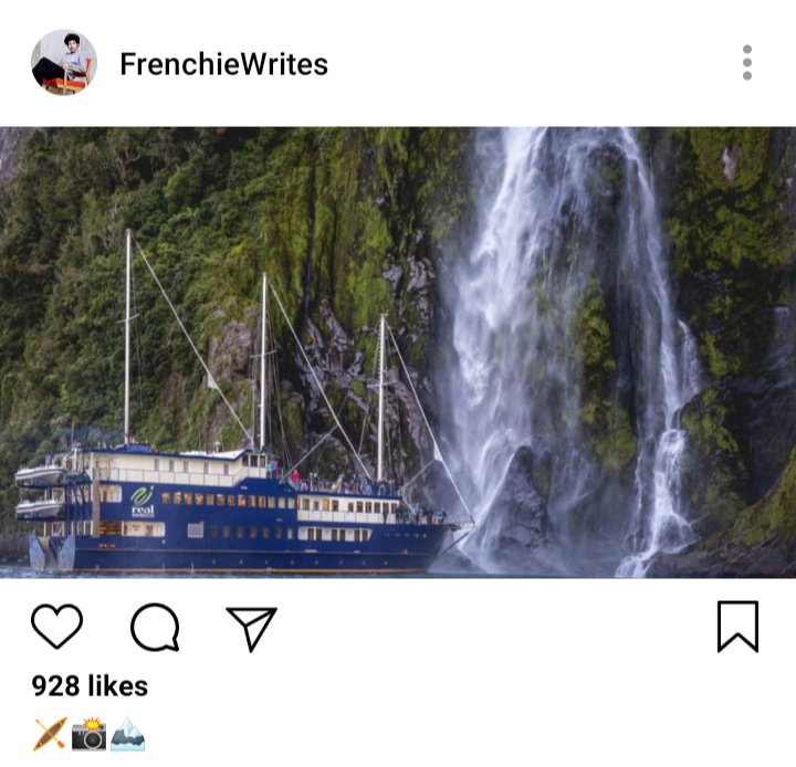 Frenchie's IG. Photo of Fiordland Navigator ship beside a waterfall. Caption reads "🛶📸🗻" 