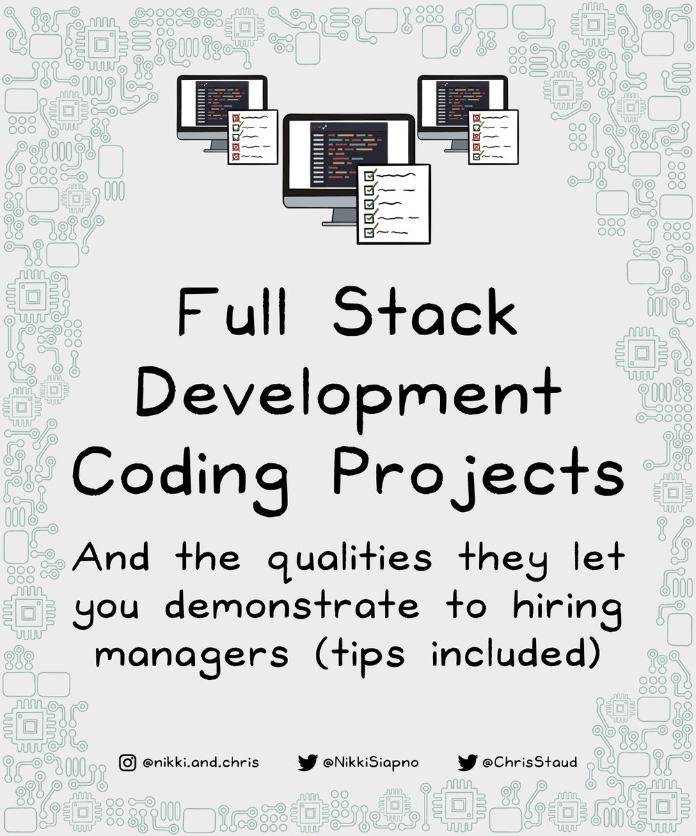NikkiSiapno's tweet image. Hiring managers look for specific qualities in your programming projects.
Completing a project just won’t do.
Here’s 3 Full Stack programming projects, AND the qualities they let you demonstrate that’ll increase your chances of getting hired ( tips included ) :