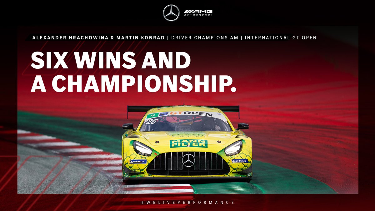 Mercedes-AMG Motorsport (@amgmotorsport) on Twitter photo #GTOpen – 2022 <a href="/GT_Open/">International GT Open</a> AM Champions! 🤩
Following six wins and four podium finishes, Alexander Hrachowina and Martin Konrad from MANN-FILTER Team LANDGRAF secured the AM Drivers’ title with one more event to go. 🏆
Congrats! 🙌
#WeLivePerformance #AMGGT3 <a href="/Landgraf_Racing/">Landgraf Motorsport</a> #GTOpen – 2022 <a href="/GT_Open/">International GT Open</a> AM Champions! 🤩
Following six wins and four podium finishes, Alexander Hrachowina and Martin Konrad from MANN-FILTER Team LANDGRAF secured the AM Drivers’ title with one more event to go. 🏆
Congrats! 🙌
#WeLivePerformance #AMGGT3 <a href="/Landgraf_Racing/">Landgraf Motorsport</a>