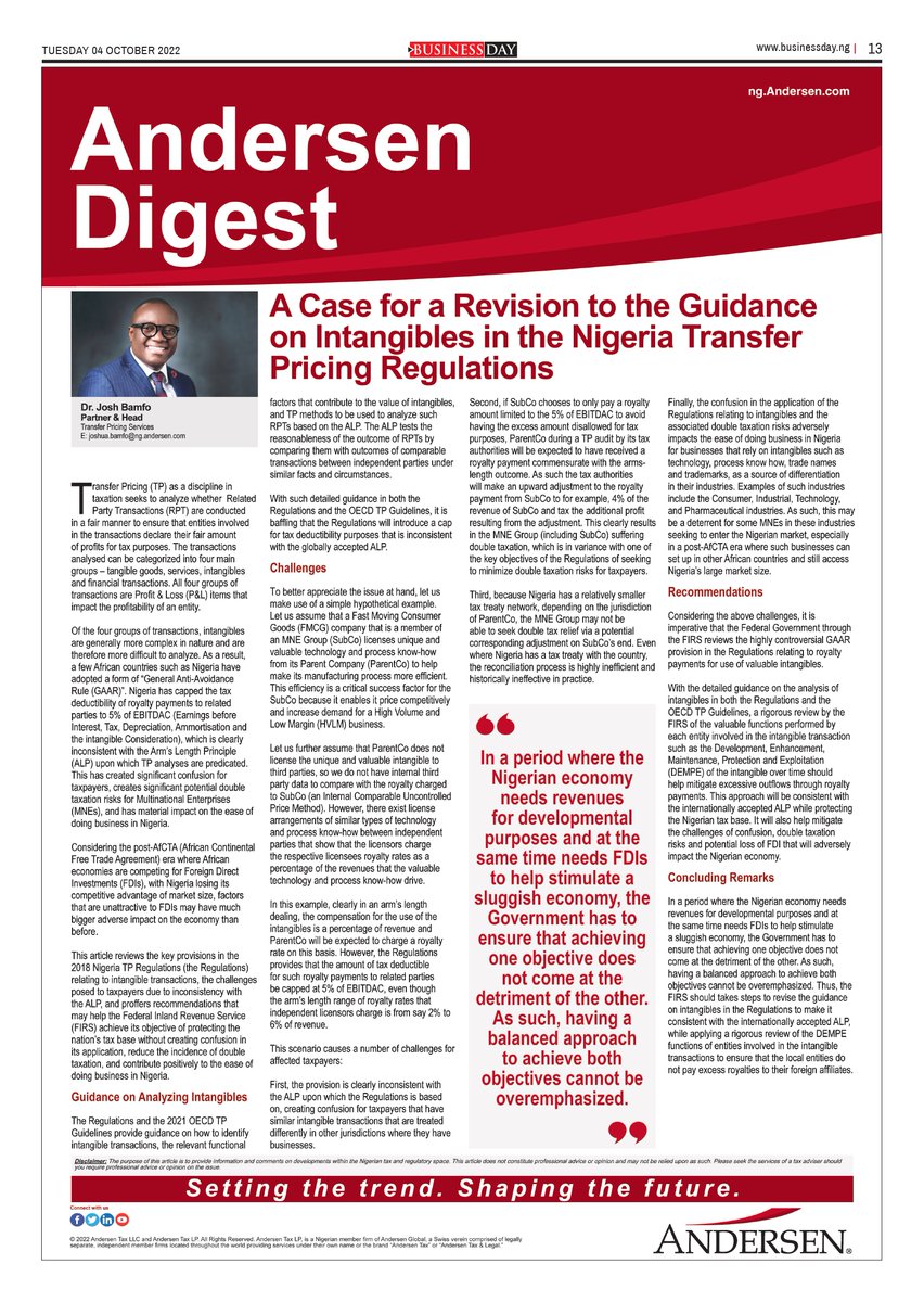 BusinessDayNg's tweet photo. A Case for a Revision to the Guidance on Intangibles in the Nigeria Transfer Pricing Regulation
@AndersenNigeria
Read on page 13 of today's BusinessDay paper.
#revenue #economy #development #tax #andersentax #andersennigeria https://t.co/9opBfipT8A
