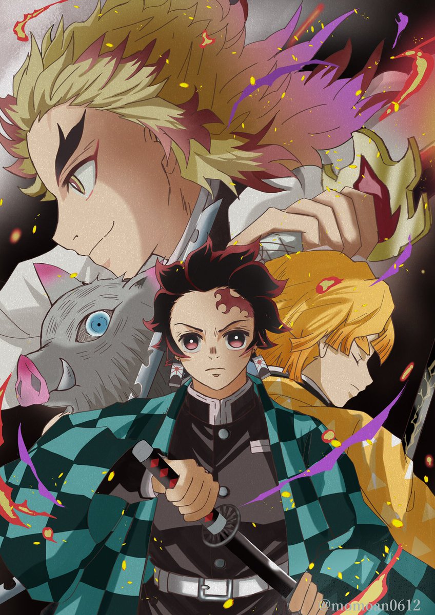 kamado tanjirou ,rengoku kyoujurou weapon demon slayer uniform sword blonde hair multiple boys forked eyebrows 3boys  illustration images