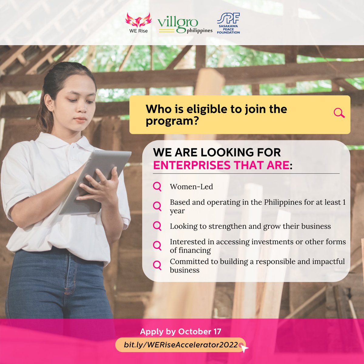 👩‍💼 Are you eligible to join the WE Rise Accelerator? Apply now! bit.ly/WERiseAccelera… 🌐 Visit: villgrophilippines.org/werise/ #WERise #womenentrepreneurs