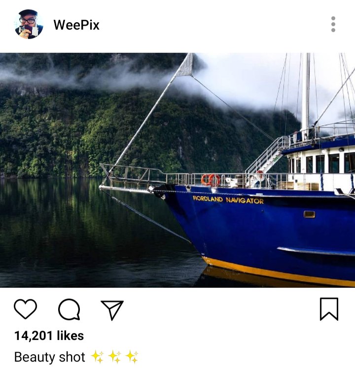 John's IG. Image of Fiordland Navigator from kayak. Caption reads "beauty shot" 