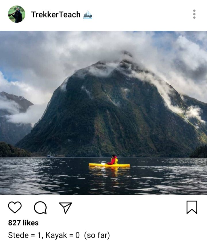 Ed's IG:picture of Stede in a kayak, sitting in the water. Boat in the distance. Caption reads "Stede=1, Kayak =0 (so Far )" 