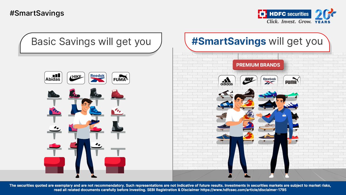 hdfcsec's tweet photo. Original lena hai toh pehle smart banna padega, bhidu! 
Begin your #SmartSavings journey with #HDFCsecurities today.

#Savings #LongTerm #Brands #Premium #Original #Shoes #Footwear #WiseChoice #SaveSmartly #Saving #Money #Growth #Compounding #StockMarket #ShareBazaar https://t.co/vr3KfLn8xH