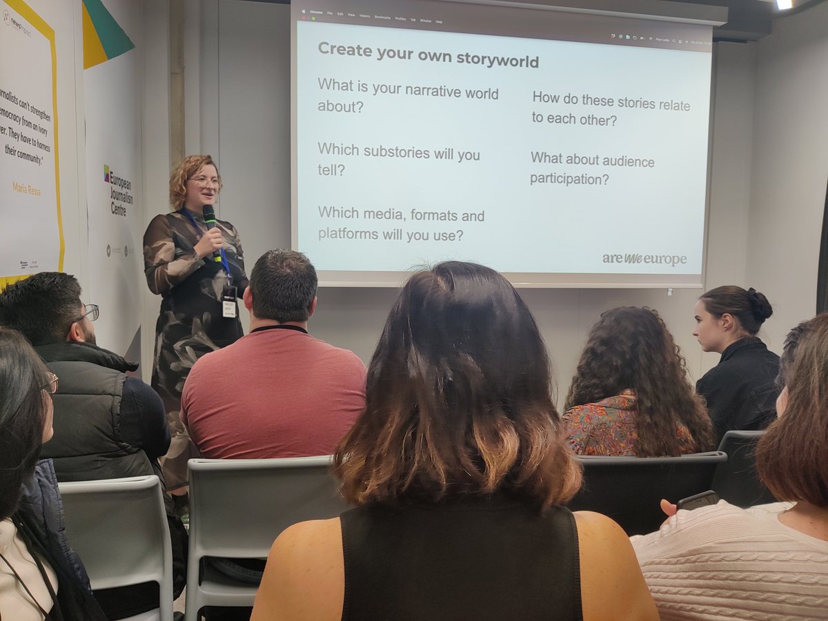AnnaSalinasB's tweet photo. "Pushing boundaries" to find better storytelling and audience engagement strategies.  @anneleenophoff from @AreWeEurope explaining how to creative a storyworld 🤓 at #NISPRG by @ejcnet https://t.co/9gdfpAm9ne