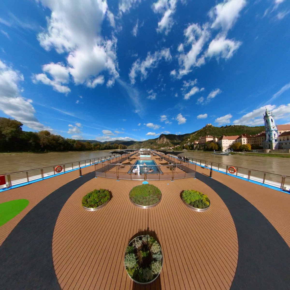 PopularCruising's tweet image. In all her double-wide glory passing by #Durnstein, #Austria from the sun deck is @amawaterways #AmaMagna #AmaWaterways #river #cruise #travel