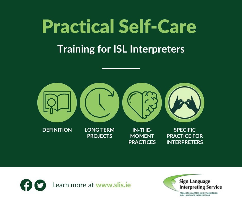SLIS_Ireland's tweet image. Don’t miss your chance to register for our first CPD for the next three months! 

👉Theme: ‘Practical Self-Care for ISL Interpreters’
👉Date: Wed, 26 Oct 2022
👉Time: 5.30 to 7.30 pm 
👉Trainer: Philip Greenfield
👉Register here: eventbrite.com/e/cpd-practica…

#SLISCPD #ISLInterpreters
