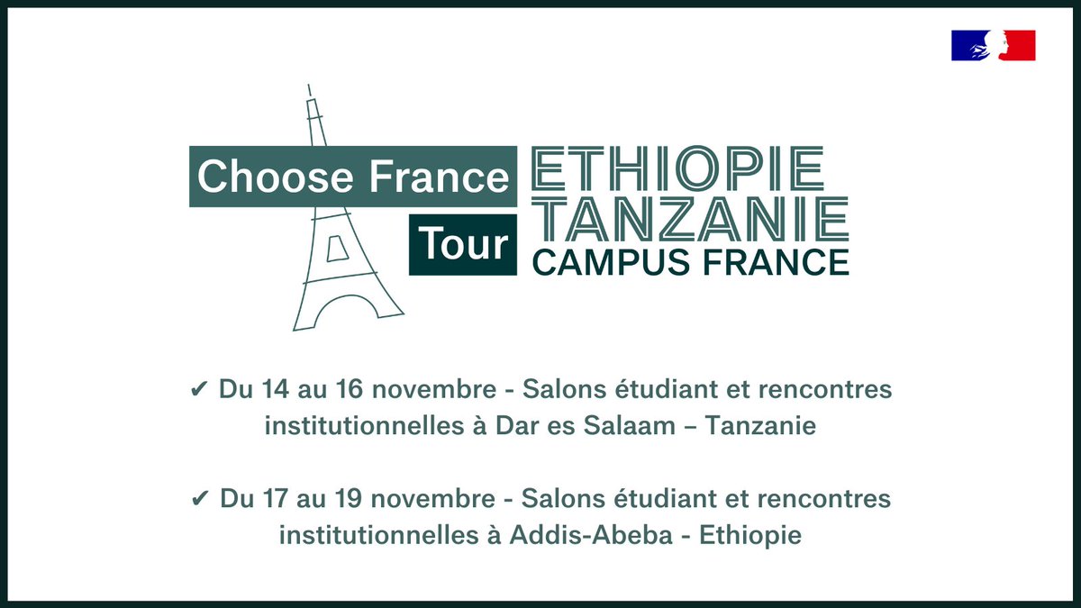 CampusFrance's tweet photo. 🌍 Les inscriptions pour le #ChooseFrance Tour Tanzanie - Ethiopie sont ouvertes ! Cet événement complet combinera salons institutionnels et salons étudiants.

👉 14 au 16 novembre à Dar es Salaam 🇹🇿
👉 17 au 19 novembre à Addis-Abeba 🇪🇹

Plus d'infos ➡️ https://t.co/aXlfb0JzZt https://t.co/99xX3YhVwN