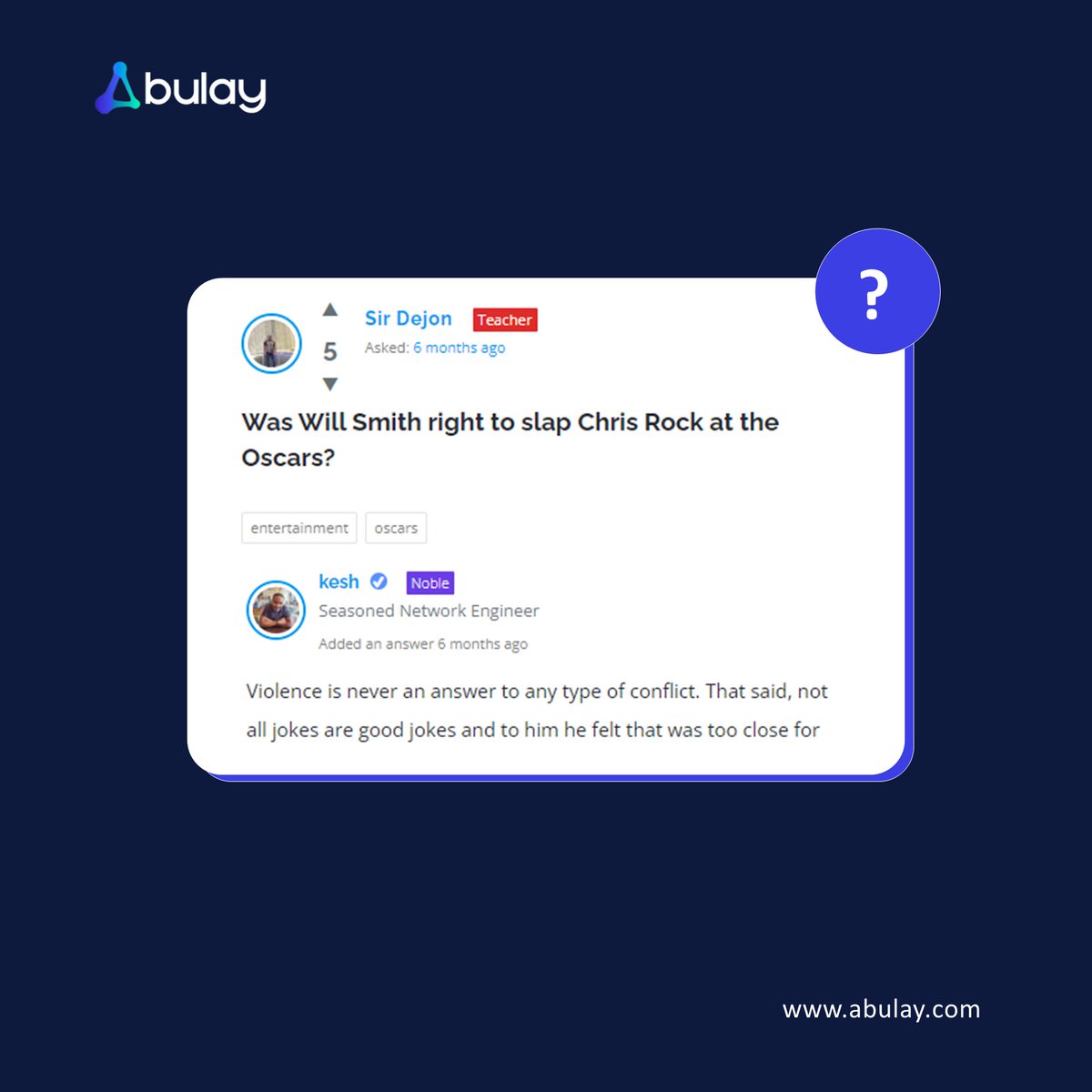 TalktoAbulay's tweet photo. Was Will Smith right to slap Chris Rock at the Oscars?

Engage with Abulay - https://t.co/KKv6M5GUB6

#Abulay #abulayquestions  #Oscars #hollywood https://t.co/r0LmREbA70