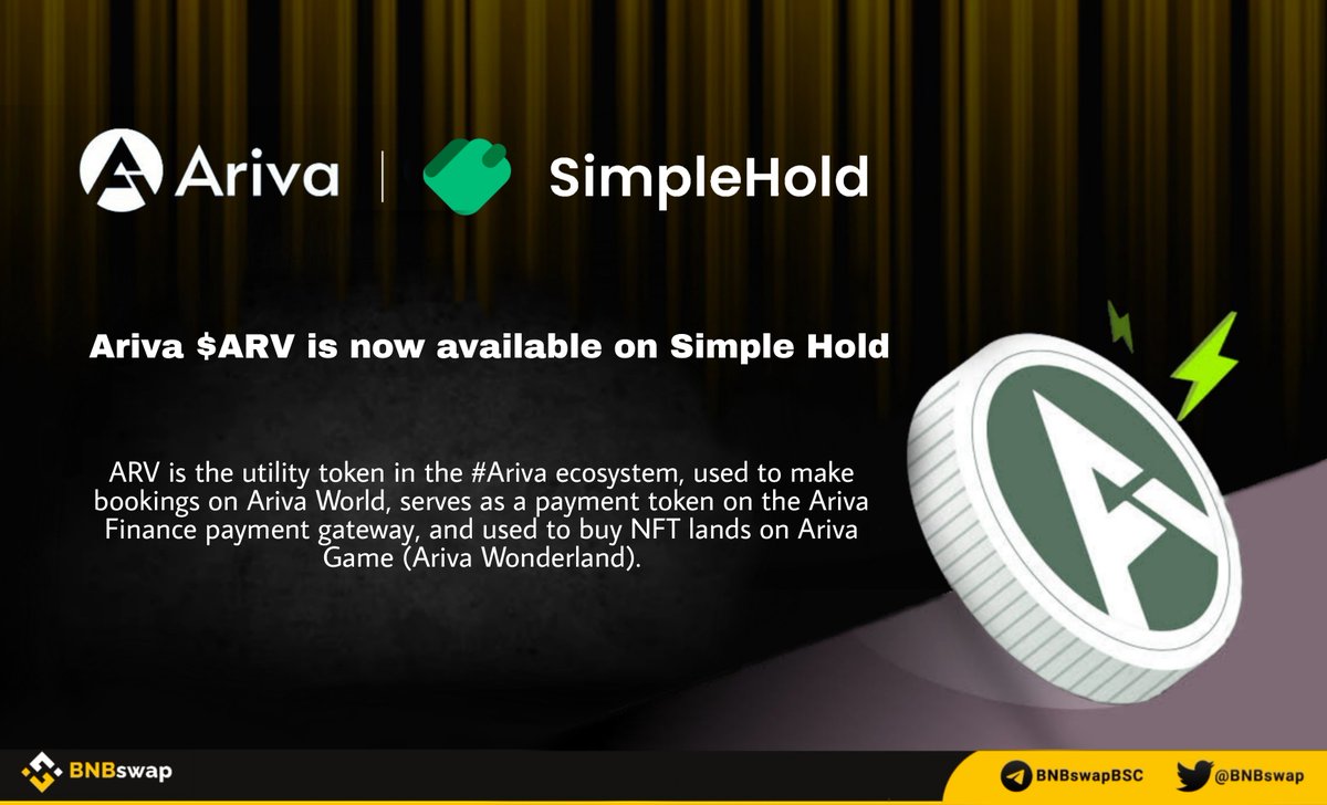 📢 @ArivaCoin $ARV is now available on @SimpleHold! #ARV is the utility token in the #Ariva ecosystem, used to make bookings on Ariva World, serves as a payment token on the Ariva Finance payment gateway, and used to buy #NFT lands on Ariva Game (#ArivaWonderland). $BNB #BSC