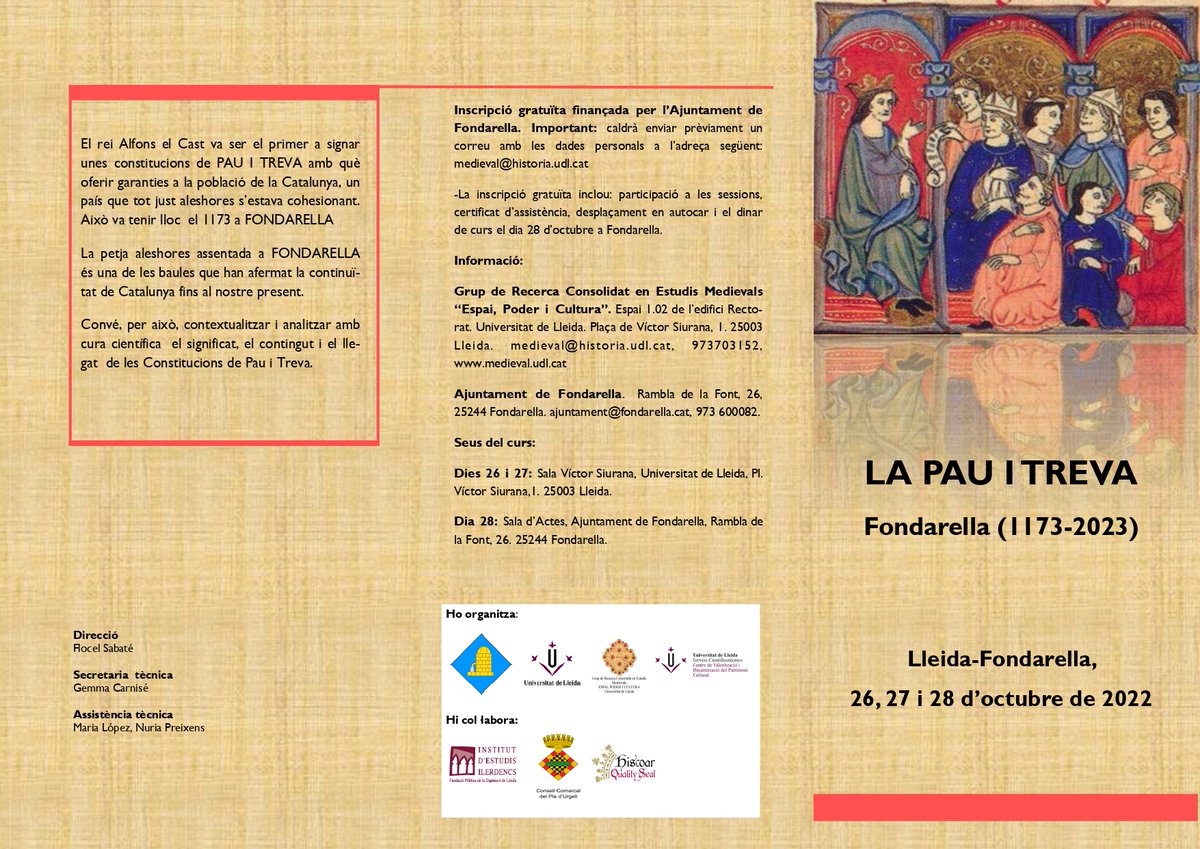 SGRMedieval_UdL's tweet photo. ‼️ Els dies 26, 27 i 28 d'octubre tindrà lloc el congrés "La Pau i Treva. Fondarella (1173-2023)" org. per @SGRMedieval_UdL i amb el suport de @ajfondarella.
👉Assistència gratuïta amb inscripció prèvia, enviar correu a: medieval@historia.udl.cat
ℹ️ https://t.co/wFq6c2u7uK https://t.co/pzoM25gsbQ