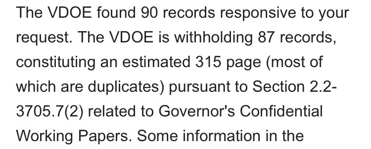 BPaves's tweet image. I filed a FOIA to learn mode about the process behind the creation of the Virginia Dept. Of Education’s new model policies involving transgender students. They blocked the release of 87/90 of the records.