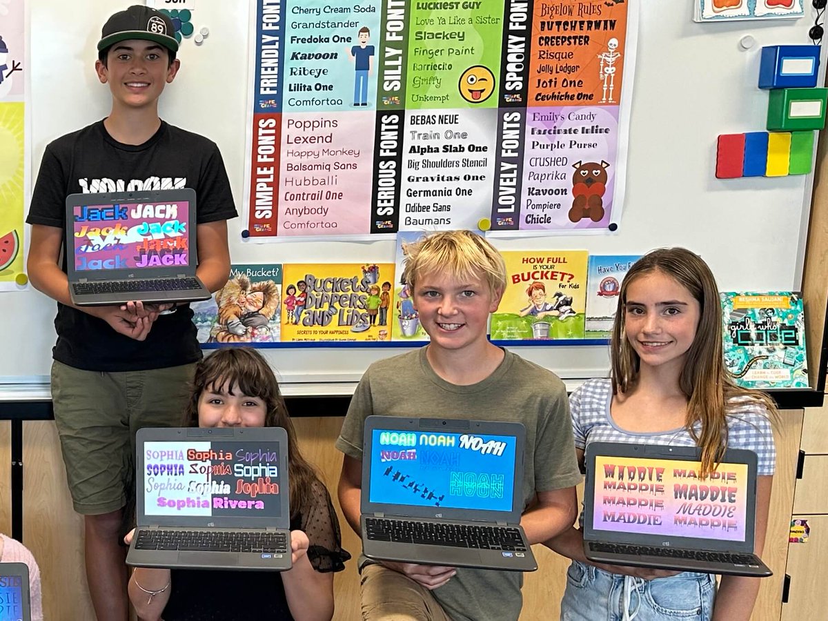 7th Graders in Truckee, CA created notable name art in their Technology Enrichment class with Mary Berelson. 🤩 (And Mary printed out our font posters! shapegrams.com/fonts)