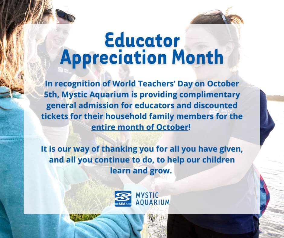 Cassandra Johns (@msjohns2021) on Twitter photo Educators in RI/CT, be sure to check out <a href="/mysticaquarium/">Mystic Aquarium</a> this month for complimentary admission! 🐋 #WorldTeachersDay Educators in RI/CT, be sure to check out <a href="/mysticaquarium/">Mystic Aquarium</a> this month for complimentary admission! 🐋 #WorldTeachersDay