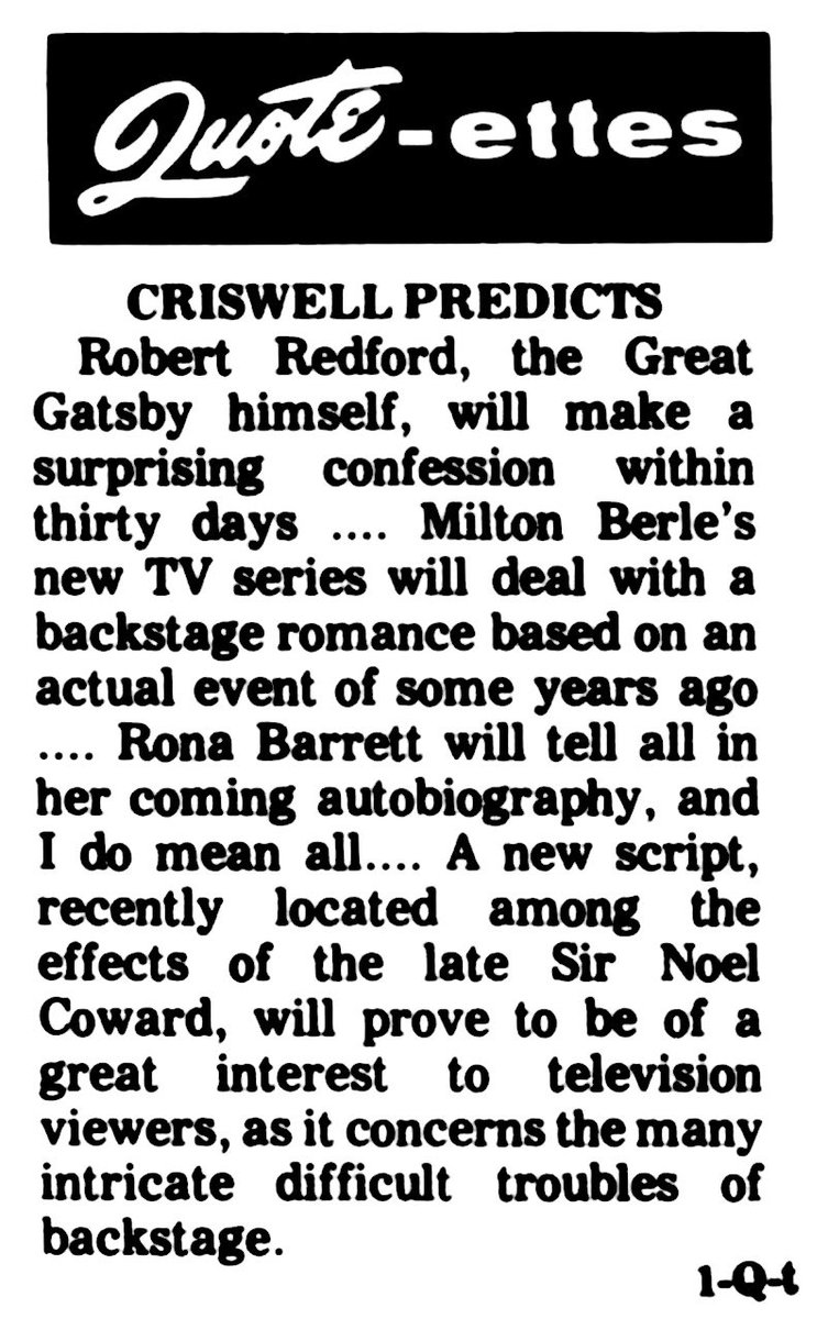 ForbiddenPredi1's tweet photo. Criswell Predicts an accurate glimpse of the future! 10.06.1974 #criswell #criswellpredicts #forbbidenpredictions #hollywood #edwood #plan9 #psychic #thefuture #forgottenfuture #robertredford #miltonberle #ronabarrett https://t.co/aS8UwGN4wB