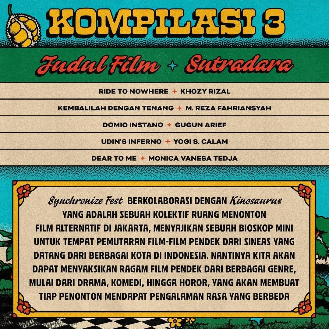 Mulai besok, <a href="/SynchronizeFest/">Synchronize Festival</a> akan dimulai. Berarti bioskop mini <a href="/kinosaurusjkt/">kinosaurus</a> juga akan segera melakukan pemutarannya. Bersiap. Tandakan jadwalnya. Mari menonton karya-karya yang menakjubkan!

#SynchronizeFest
#Kinosaurus
#LokalLebihVokal