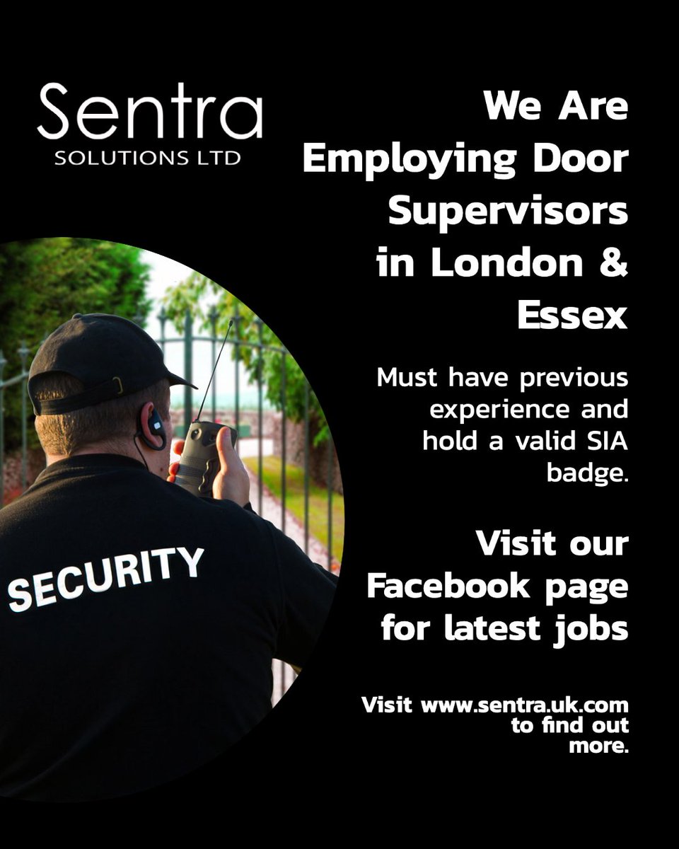 We’re hiring door supervisors in Essex &amp; London.

Interested applicants, please visit our website and start an instant whatsapp chat with one of our team.

SIA license required.

sentra.uk.com

.
.
.
.
#jobs #essexjobs #doorsupervisor #doorsupervisors