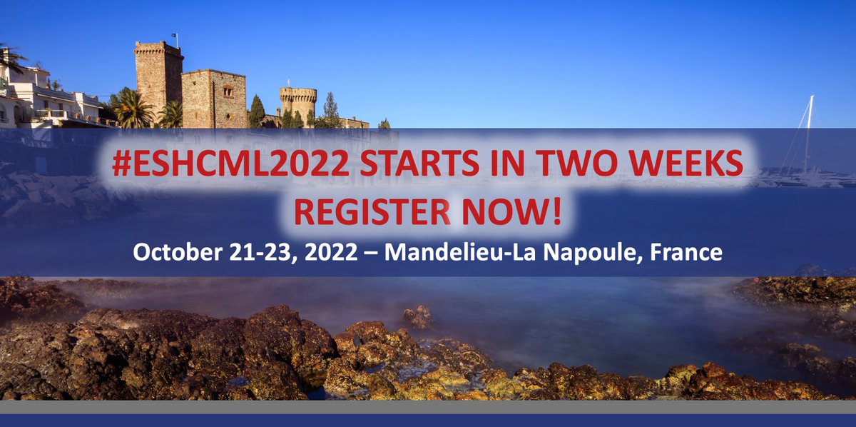 📣 #ESHCML2022 STARTS IN ONLY TWO WEEKS, IT'S TIME TO REGISTER! Proceed now ➡ bit.ly/3sqDZ1S 24th John Goldman Conference on #CML 🗓️ Oct. 21-23 in Mandelieu-La Napoule 🇫🇷 Chairs: @GCC_Cortes, @timhughesCML, D.S. Krause #ESHCONFERENCES #HAEMATOLOGY #HEMATOLOGY @icmlf