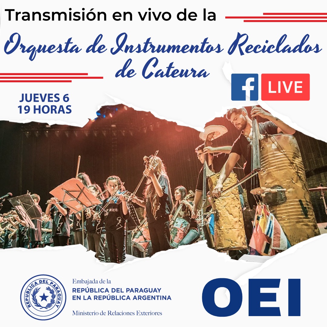 EmbajadaParArg's tweet photo. Los invitamos al streaming del concierto en vivo de la Orquesta de Instrumentos Reciclados de Cateura este jueves 6 de octubre a las 19 horas, a través de la página oficial de Facebook de la Embajada de la República del Paraguay en la República Argentina. 🎶🎼🇵🇾 https://t.co/wuzXDDN2Cr