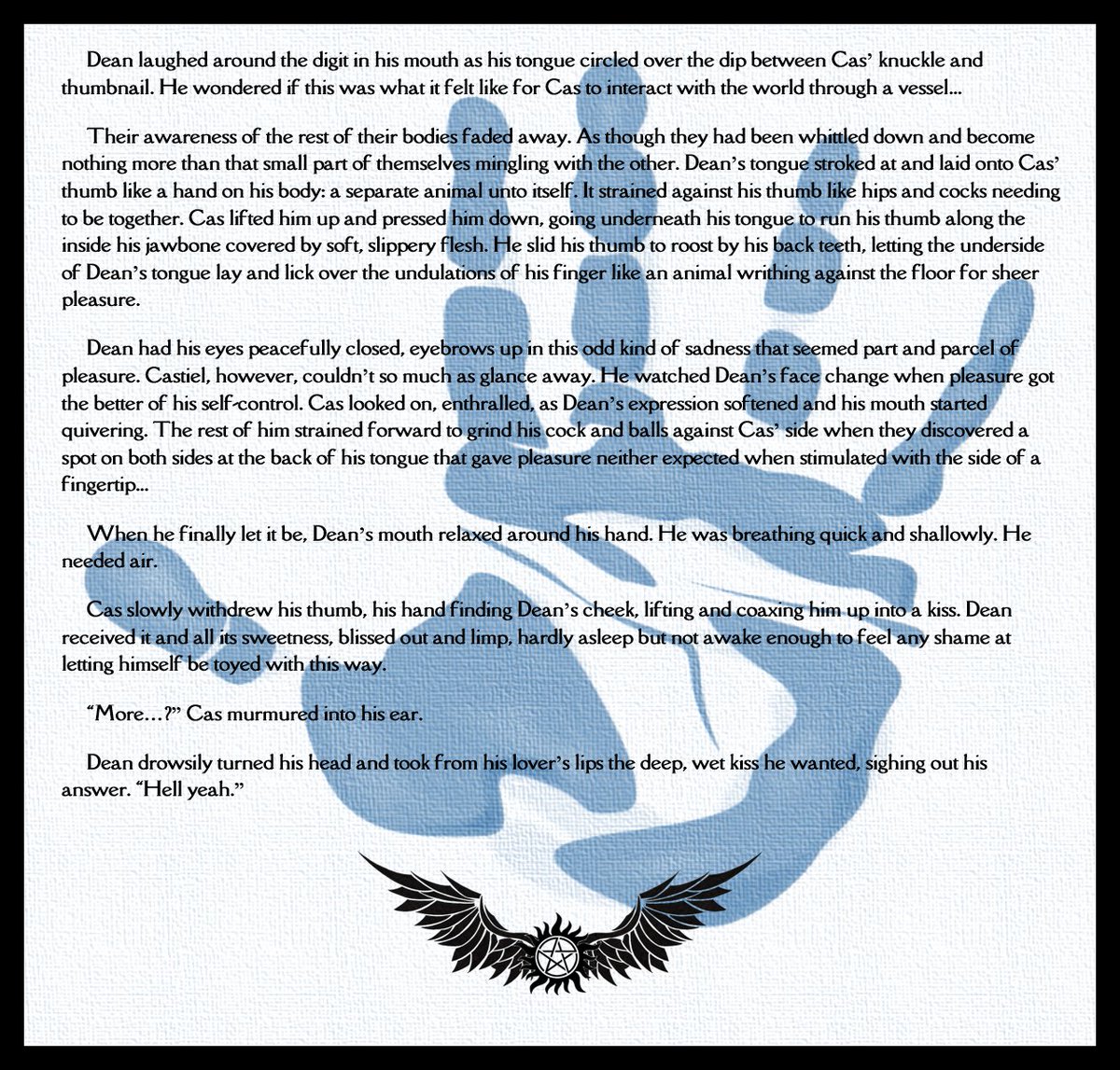 pandorakiin's tweet photo. Hear me out @/JackieDeeArt... Day 3: Digit-al Play.
#SUPERNATURAL - End of Days | Part 1: Dripping Wings & Heavy Things
AO3:https://t.co/VLmoTeKkTD
PDF:https://t.co/v321rUbezZ
WARNING: #WIP
#HotelSupernatural #Destiel #Suptober2022 #suptober22 #2022f #SPNFanFic #SPN #retweet https://t.co/D3vnaKUoiC