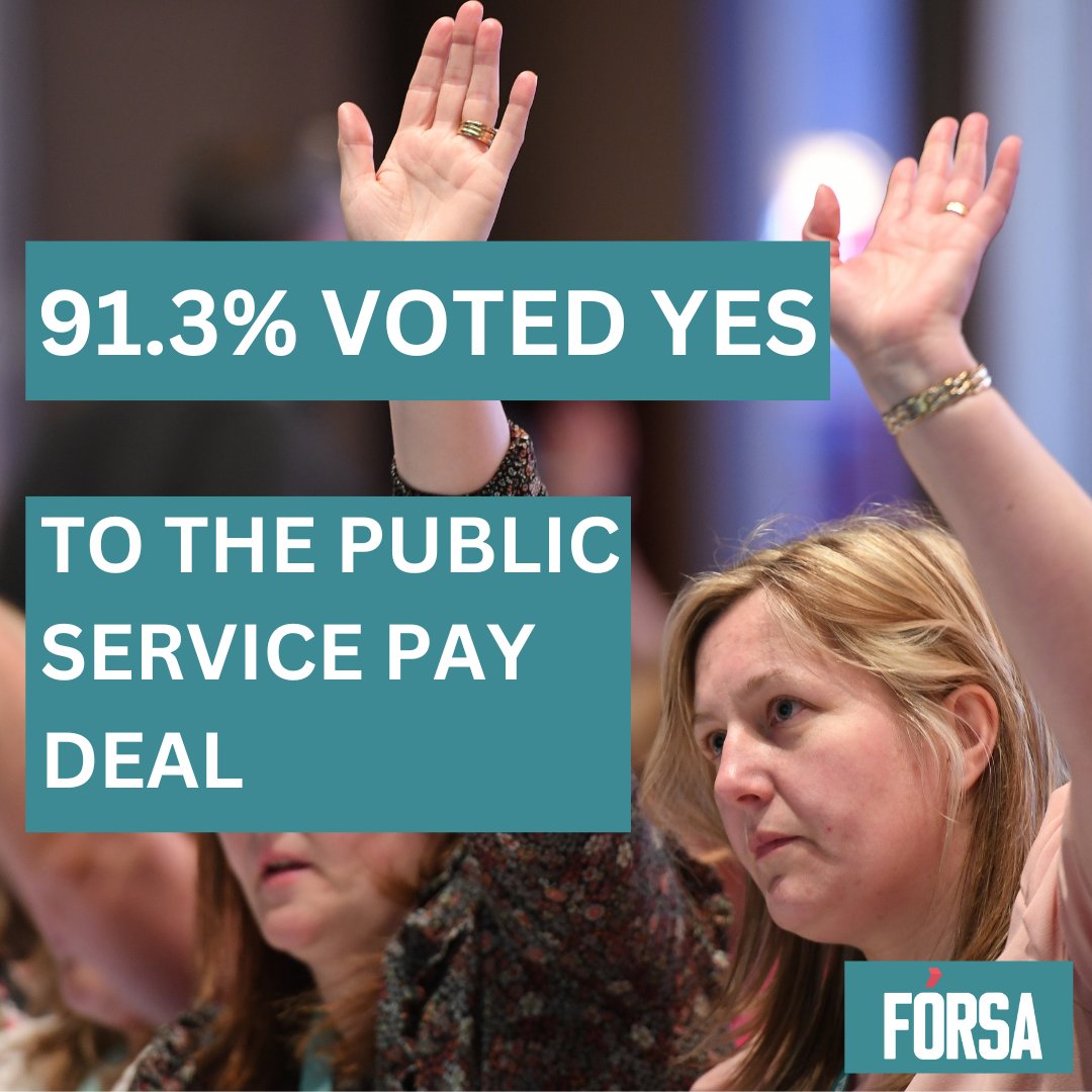 forsa_union_ie's tweet photo. 🔴 Voting results in 🔴

Fórsa members have voted YES to the public service pay deal.

67% turn out, 91.3% in favour.

Our members have been hugely active throughout the ballot, and this result shows a strong recognition that the pay measures will help people at a critical time. https://t.co/7ZnYBw6GeO