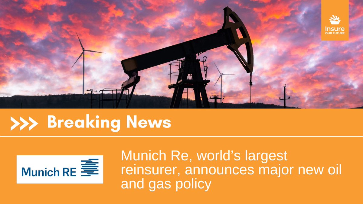 👏 <a href="/MunichRe/">Memenich Re</a>, world’s largest reinsurer, announces major new oil and gas exclusion policy!

Now, the insurance market must follow the momentum set by them, <a href="/Allianz/">Allianz</a> &amp; <a href="/SwissRe/">Swiss Re</a> and immediately exit new oil and gas. #InsureOurFuture

global.insure-our-future.com/worlds-largest…