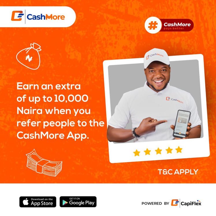 Only_samson's tweet photo. Good news guys it's time to cash out big #bossofpayments @CashMore_NG is giving you the opportunity to earn up to 10k by referring people so that they can download the app https://t.co/2ZmMBlkD0r