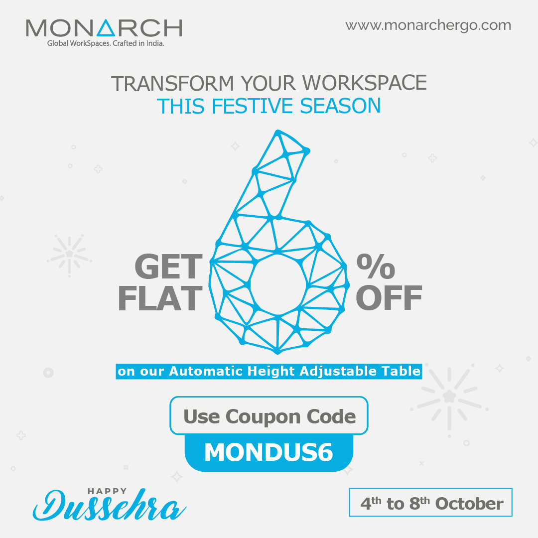 MonarchErgo's tweet photo. This festive season got a lot better, easier &amp; adjustable. 
Celebrate Dussehra with us! Get Flat 6% Off on our Automatic Height Adjustable Table for a very limited time period. 
Use Coupon Code: MONDUS6

Visit our website : https://t.co/c30kpHmDmb

#monarchergo #limitedtimeoffer https://t.co/WZP3Q740Oj