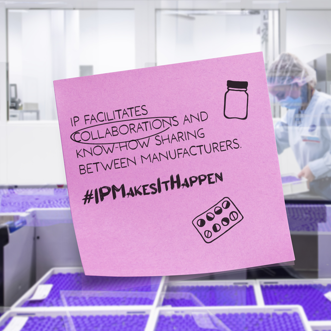 IFPMA's tweet photo. Intellectual property enables pharma companies to collaborate and voluntarily share knowledge with trusted partners to scale up the production of breakthrough medicines and vaccines #IPMakesItHappen https://t.co/DhgDG3daaR