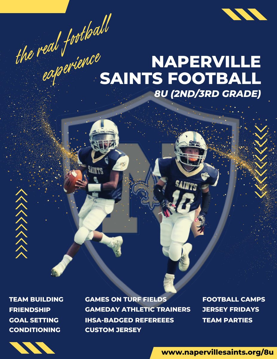 Know any 2nd/3rd graders interested in playing football? Invite them out to the 8U HOCO game this Sunday to our boys in action!

The younger kids are the lifeblood of the program. Check out our website for more!
napervillesaints.org/8u
#footballisplayedhere