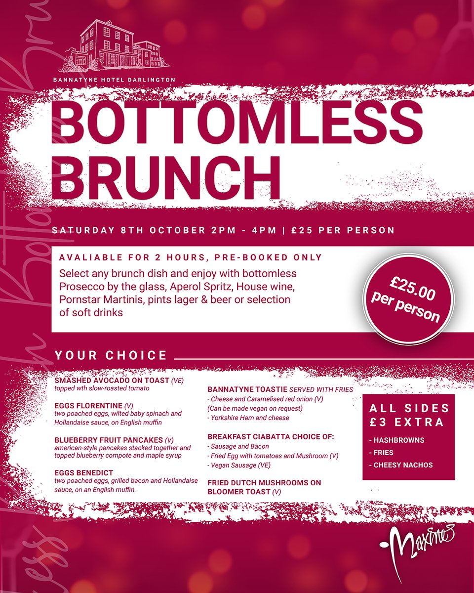 Last chance to book our bottomless brunch.

Saturday 8th October. 2pm -4pm.

Unlimited selected drinks for 2 hours and a food dish for £25.00 per person🥂

To book please phone 01325 365858

#bottomlessbrunch