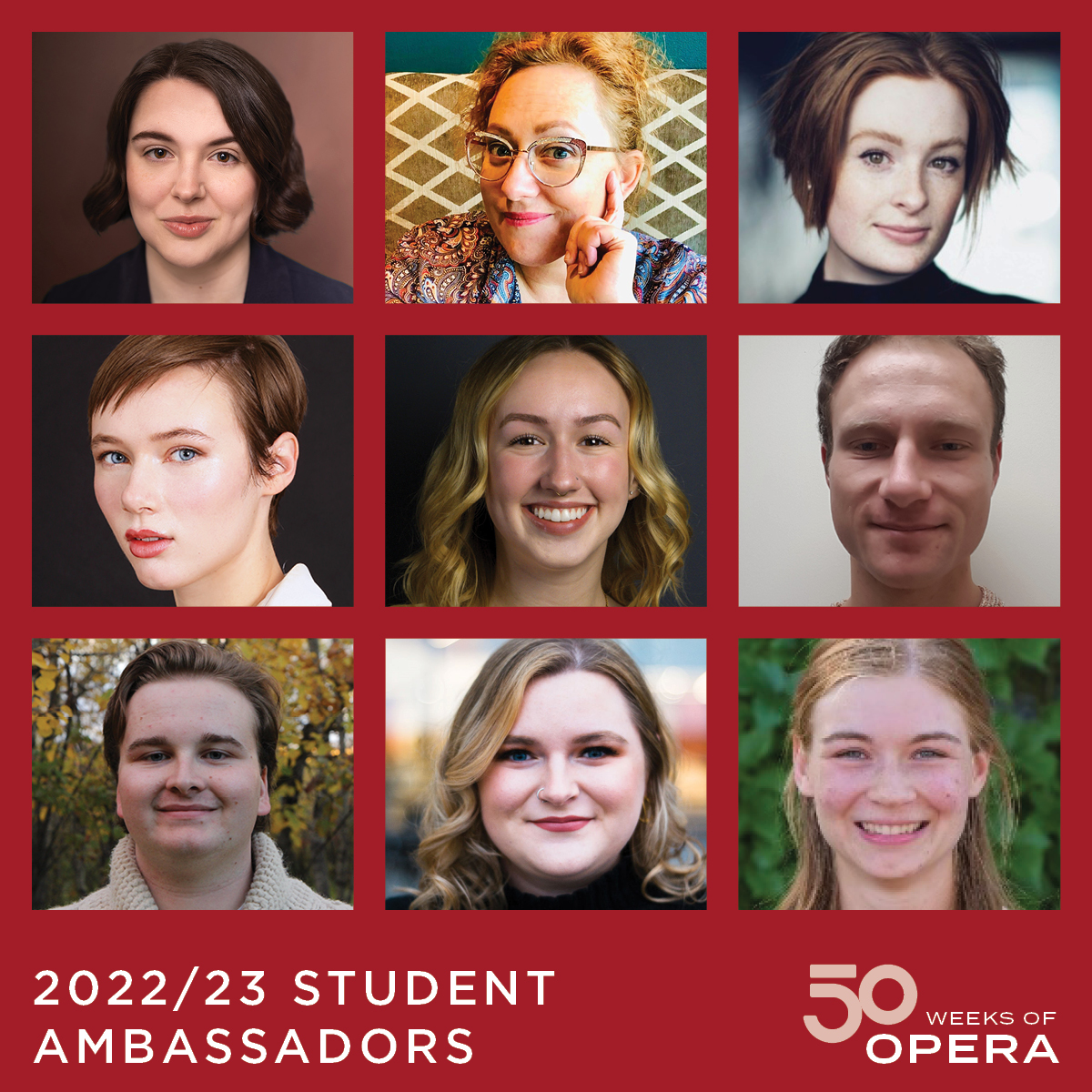 ManitobaOpera's tweet image. Introducing our 2022/23 Student Ambassadors! (From T-B, L-R) Sonia Campbell, Kyla Kelsey, Alice Macgregor, Aemilia Moser, Emily Myers, Georg Neuhofer, Sam Perrot, Ashley Schneberger, and Anna Schwartz!

#50weeksofopera #ManitobaOpera #StudentAmbassadorProgram #UofM #CMU