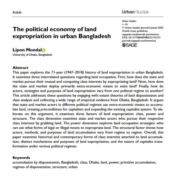 USJ_online's tweet photo. Latest article by @Lipon_Soc examines the history of land expropriation in urban Bangladesh https://t.co/HD0zuVI3ja
#PrimitiveAccumulation #power #class https://t.co/1C8BITw5du