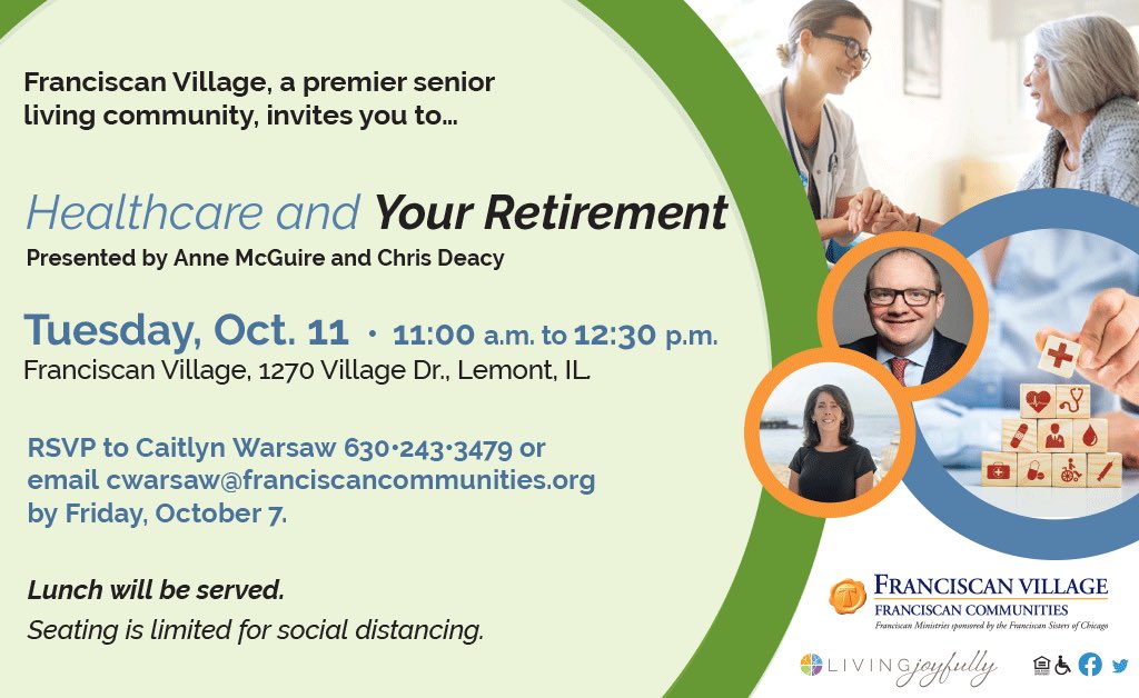 FranMinistries's tweet photo. Join Franciscan Village for an Oct. 11th presentation on healthcare and retirement. Topics to include Medicare coverage and traditional medical expenses, long-term medical expenses and strategies for addressing out-of-pocket expenses. https://t.co/74tKhKR861