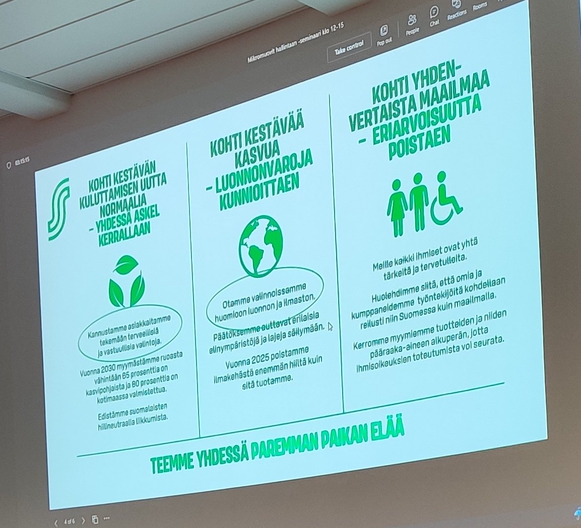 Saara-Kaisa Törmälä kertoo SOK:n tavoitteista kannustaa kuluttajia kohti vastuullisia valintoja. Mikromuovit kytkeytyvät mm. vesivastuuseen ja lisää tutkimustietoa tarvitaan. Ensisijaisesti kannattaa vähentää mikromuovien syntyä! 
#MikromuovitHallintaan