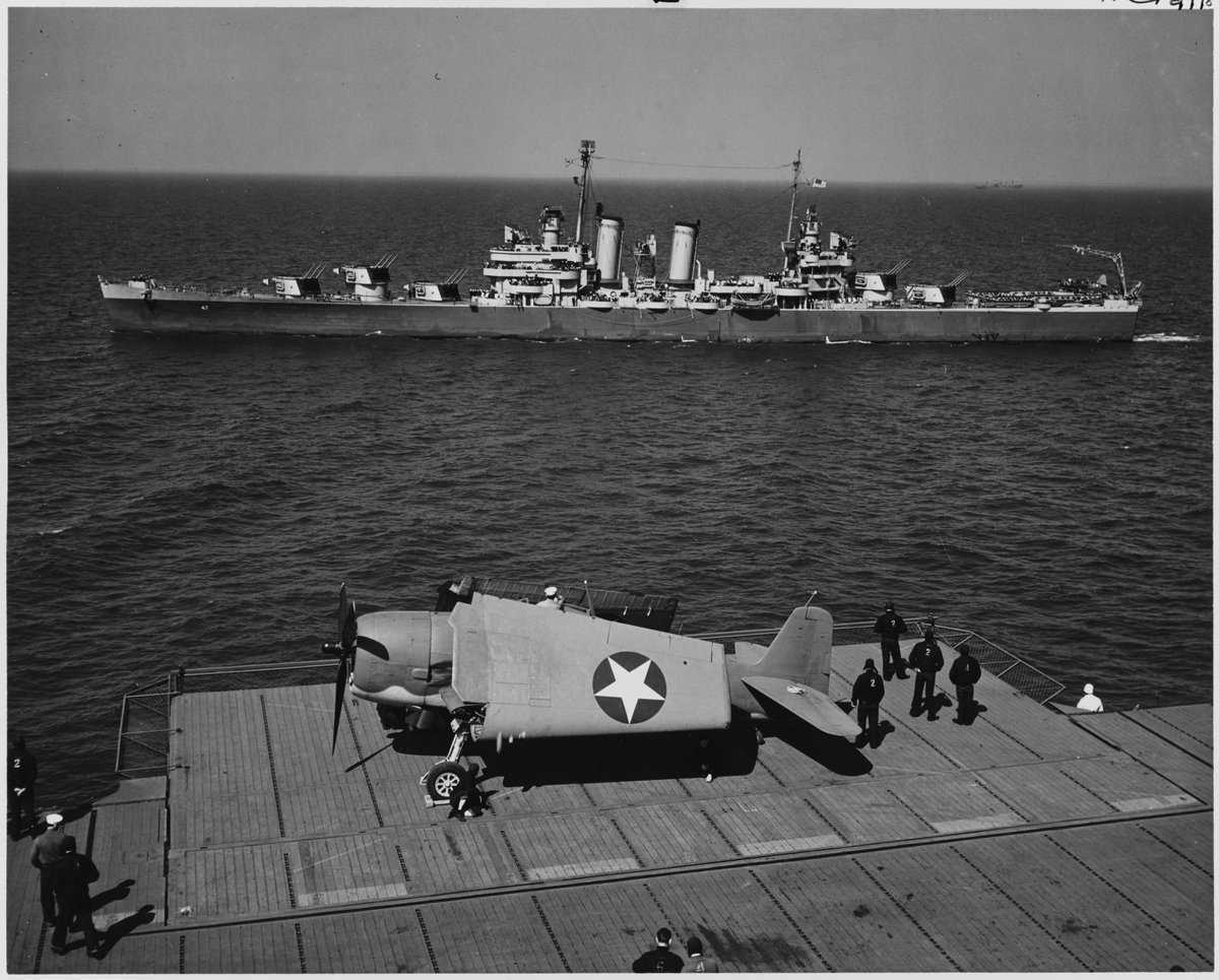 USS Boise (CL-47) seen from USS Yorktown (CV-10) on 6 May 1943. A Grumman F6F-3 Hellcat is parked on the elevator.

Note Boise's fresh Measure 22 camo and her fifteen 6/47 guns trained “Over The Shoulder” at high elevation.
NH 97780

#CL47 #USSBoise #CV10 #USSYorktown