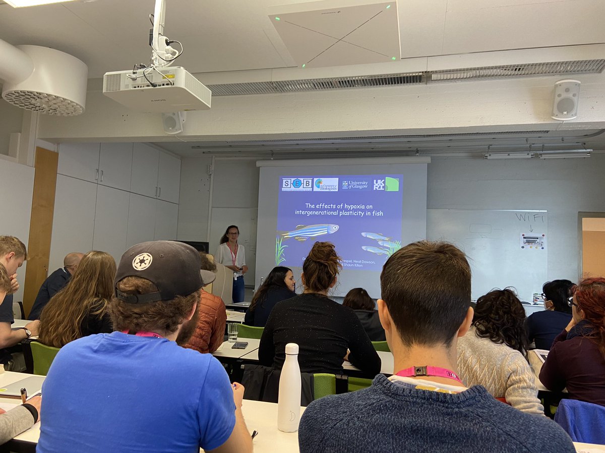 Amazing talk by @daphnecortese about the effects of hypoxia on intergenerational plasticity in fish at #SEBECR. Love working with such impressive scientists