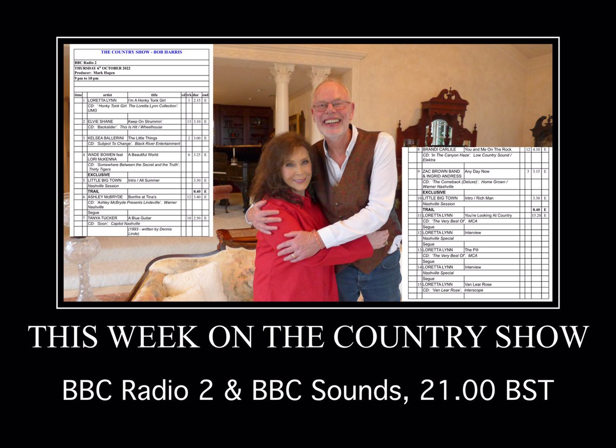 Join @WhisperingBob @BBCSounds @BBCRadio2 tonight with @littlebigtown in session and a special tribute to @LorettaLynn bbc.co.uk/programmes/m00…