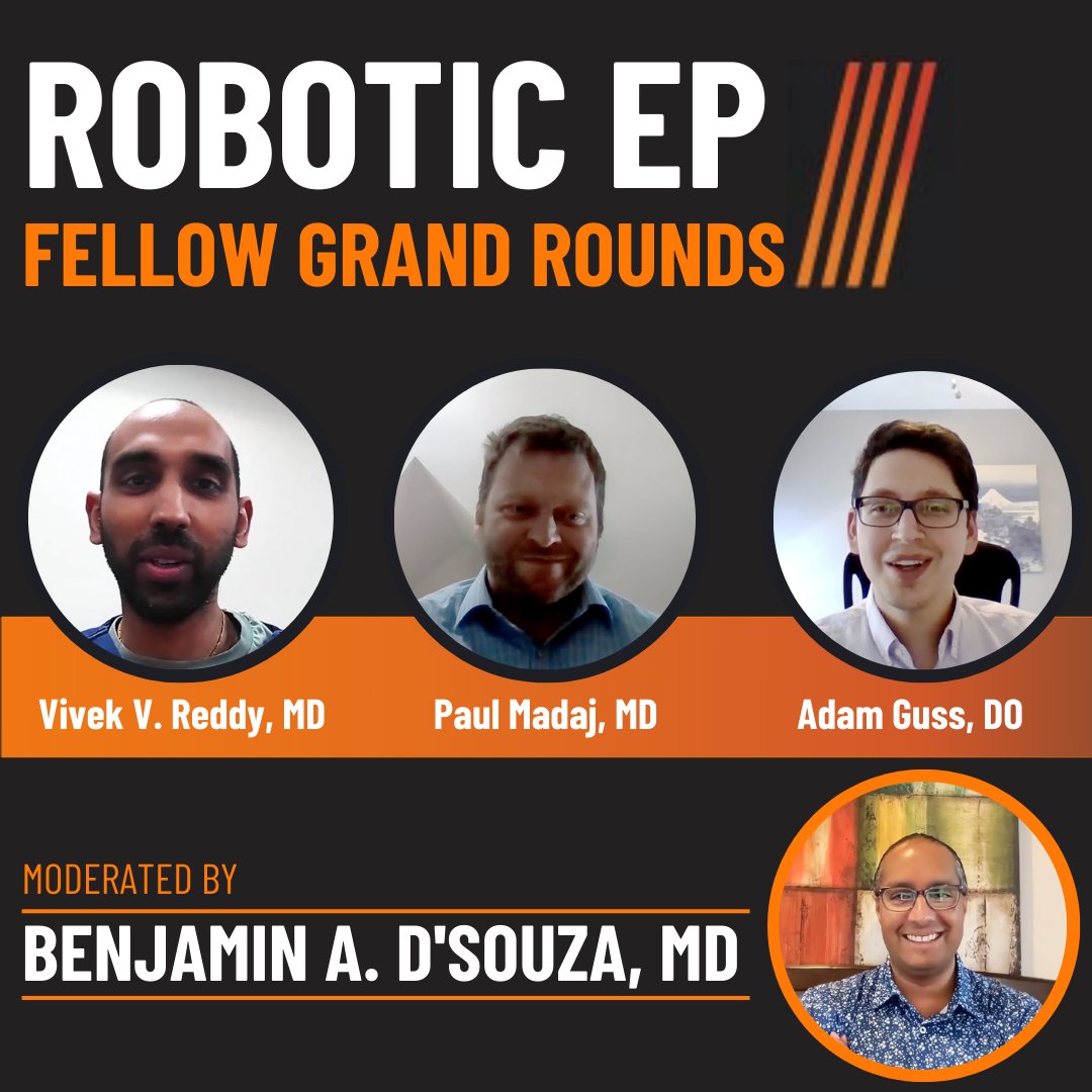 The 1st Robotic EP Fellow Grand Rounds🎙️was a great success! 3⃣ fascinating cases❤️shared by tomorrow's leaders in #RoboticEP: Dr. Adam Guss, Dr. Vivek V. Reddy & Dr. Paul Madaj, moderated by Dr. Benjamin D'Souza Watch #OnDemand📺: roboticep.com/telerobotics/l… #EPeeps #CardioTwitter