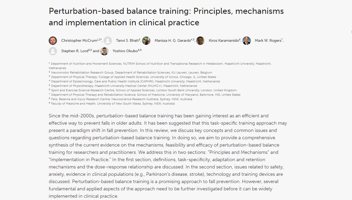 Christopher McCrum (@chrismccrum) on Twitter photo Delighted to share our published article:
"Perturbation-based balance training: Principles, mechanisms and implementation in clinical practice"
w Tanvi Bhatt, Marissa Gerards, Kiros Karamanidis, Mark Rogers, Stephen Lord & <a href="/OkuboYoshiro/">Yoshi Okubo</a>
<a href="/FrontSportsAL/">Frontiers - Sports and Active Living</a>
frontiersin.org/articles/10.33…
🧵 Delighted to share our published article:
"Perturbation-based balance training: Principles, mechanisms and implementation in clinical practice"
w Tanvi Bhatt, Marissa Gerards, Kiros Karamanidis, Mark Rogers, Stephen Lord & <a href="/OkuboYoshiro/">Yoshi Okubo</a>
<a href="/FrontSportsAL/">Frontiers - Sports and Active Living</a>
frontiersin.org/articles/10.33…
🧵