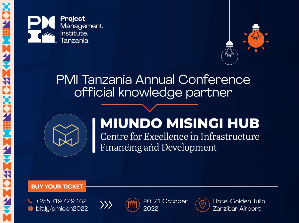 pmi_tz's tweet photo. Happy to announce @MiundomsingiHub will be running breakout knowledge workshops at the @pmi_tanzania Annual Conference on 20 & 21 October 2022 in Zanzibar at @gtzairport Hotel.
Buy your ticket now.
β‘οΈ https://t.co/ANIRbTQ5hn
#TheOneToRemeber https://t.co/zxem0pHsV6