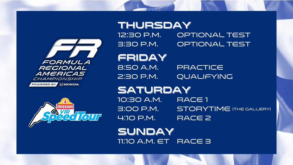 The action starts today <a href="/VIRnow/">VIRginia International Raceway</a>! Join us this weekend for the <a href="/MissionFoodsUS/">Mission Foods 🌮</a> VIR SpeedTour! Get your tickets &amp; join us, or watch the live stream from home this Saturday &amp; Sunday. 

🎟️: bit.ly/3Lwu3fd
📺: bit.ly/3ykZxPR