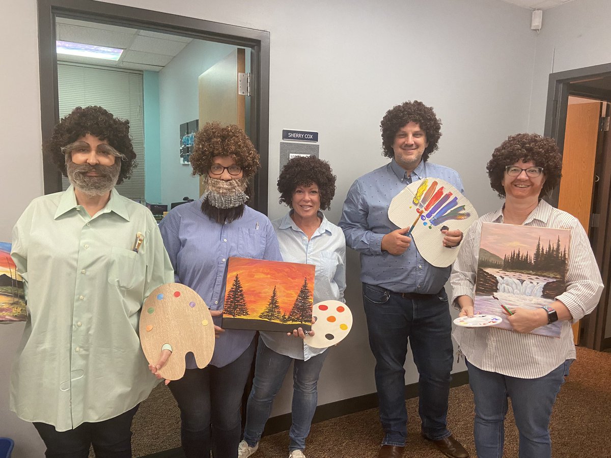 This years Shocktober theme is Octoberwood! Our teachers are the stars of this show!! Todays dress up theme is 80s movie/TV. The office team will be paint happy little trees today