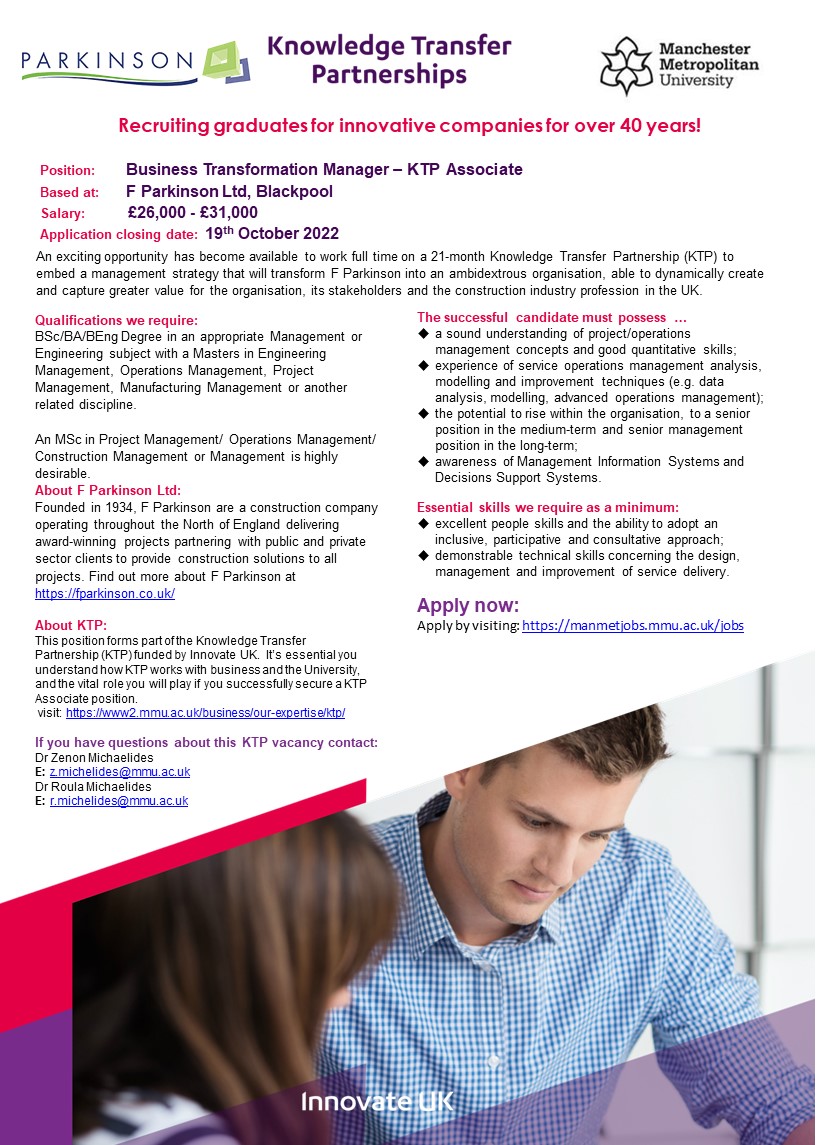 Apply for this exciting Business Management &amp; Strategy KTP role in Blackpool for F Parkinson Ltd manmetjobs.mmu.ac.uk/jobs/vacancy/b…
@ktn_ktp <a href="/innovateuk/">Innovate UK</a> <a href="/ManMetJobs/">Manchester Met Jobs</a> <a href="/F_Parkinson_Ltd/">F. Parkinson Ltd</a>