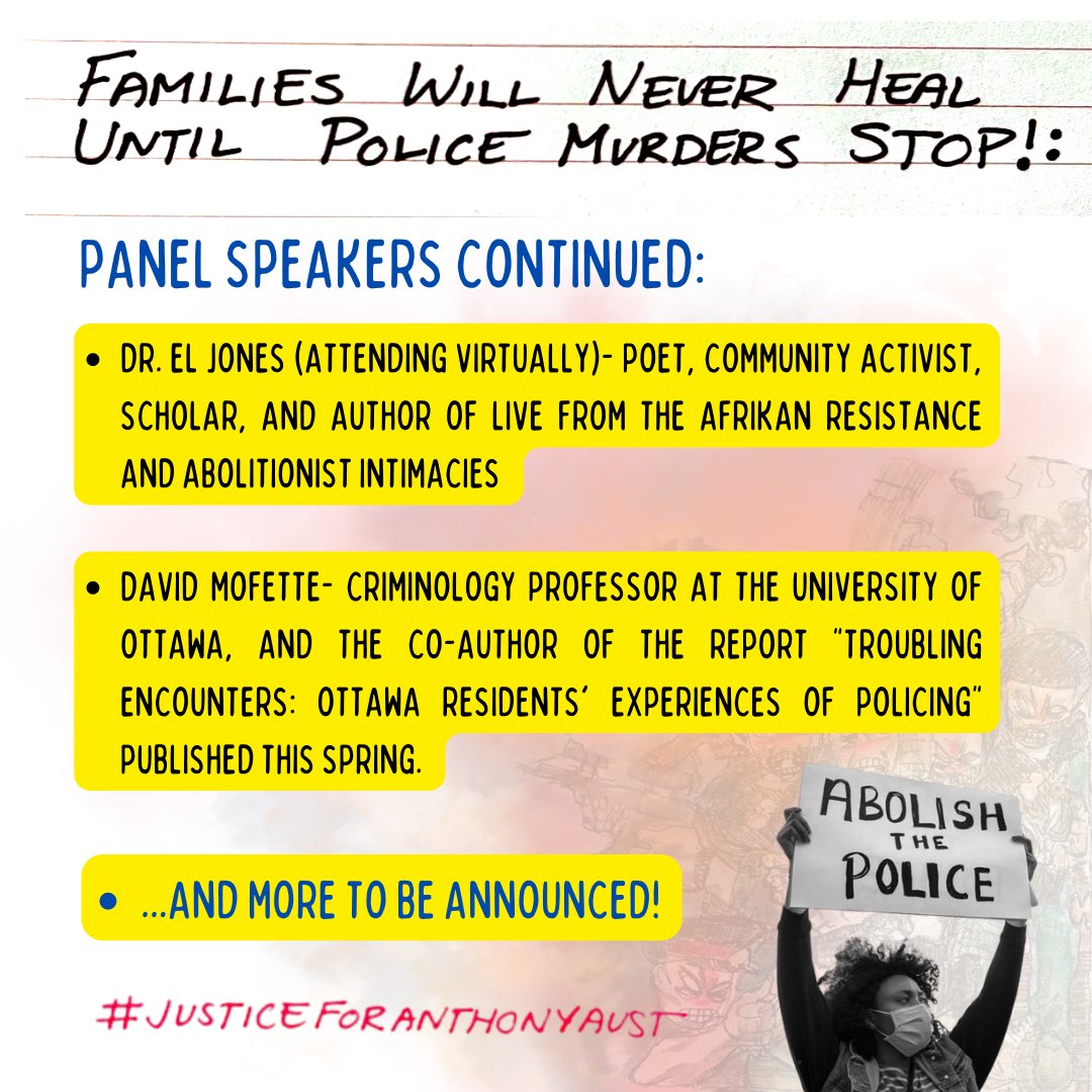 It's been two years since Ottawa Police killed Anthony Aust. His mother, family, and community are hosting a series of events in person and online

Tonight at 6 pm: "Families will never heal until police murders stop!" 

to join us, register here: us02web.zoom.us/webinar/regist…