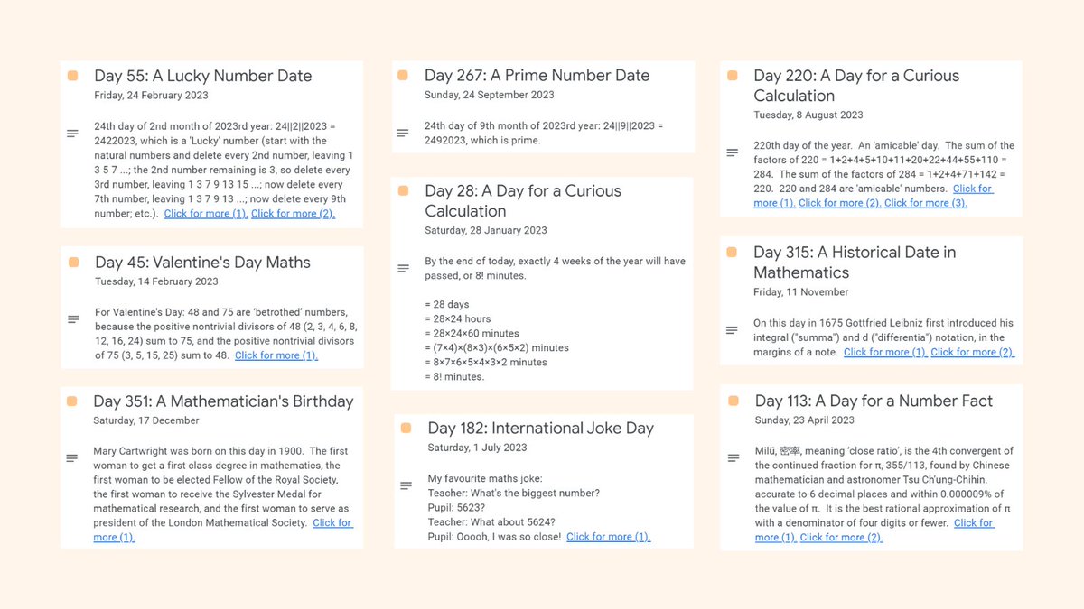 Enjoy and share a 'Mathsy Moment' each day from now and throughout 2023 with this calendar of mathematical anniversaries, date-related number play, and other celebrations (with links for further exploration). Various formats to download and/or import here: bit.ly/3ylKd5x