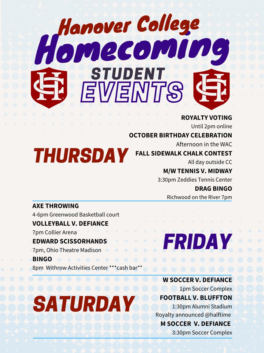 StudentLifeHC's tweet image. Check out all the fun activities and events this Homecoming weekend--starting tonight!!!

Alumni are welcome and encouraged to attend any on-campus events!