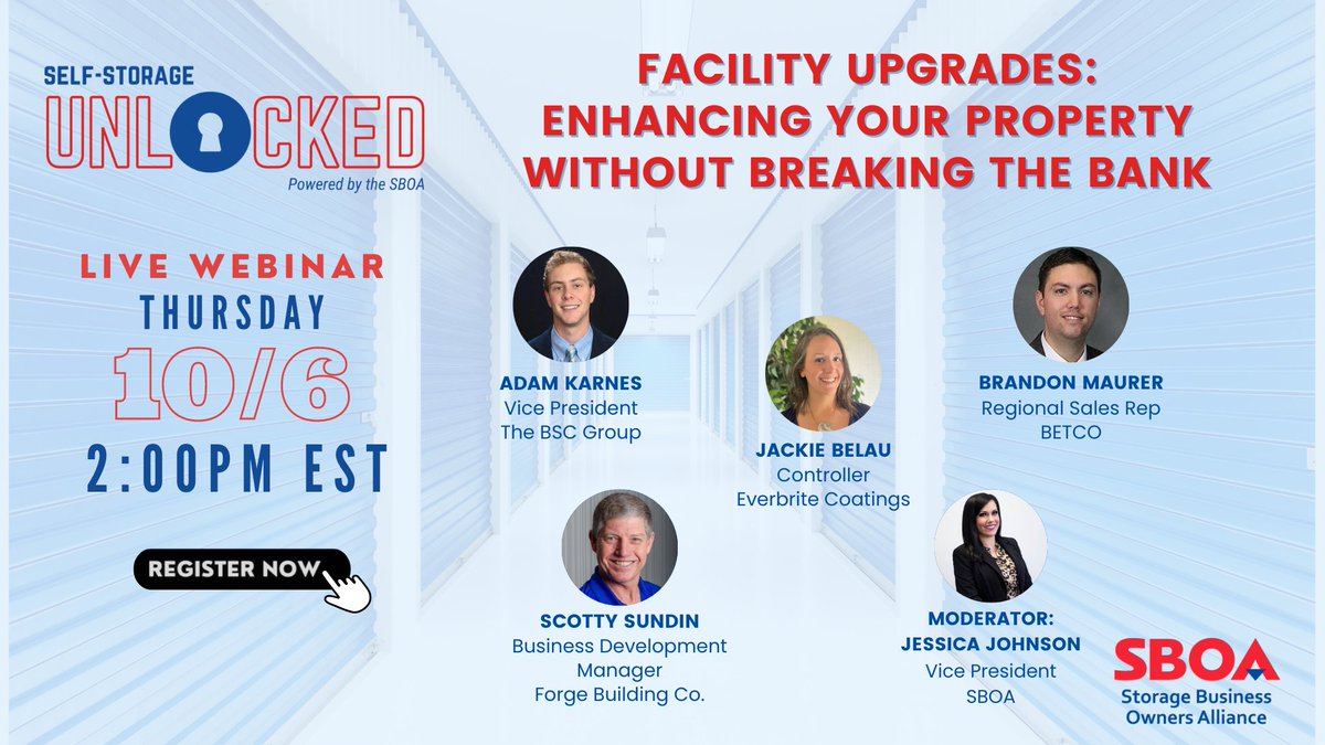 thesboa's tweet photo. TODAY on π#SelfStorageUnlocked, the industry's top experts will give tips on enhancing your property without breaking the bank!
It's not too late to register now - and it's FREE! https://t.co/cIscPgmI5R
#SBOA #selfstoragebusiness https://t.co/q24oAWB30n