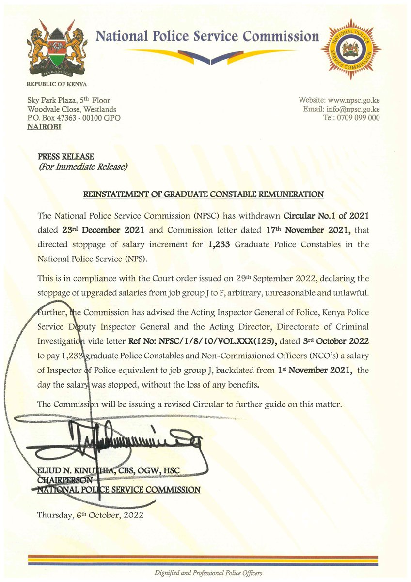 NPSC_KE's tweet photo. Press Release: 
REINSTATEMENT OF GRADUATE CONSTABLE REMUNERATION
@NPSOfficial_KE @PoliceKE @APSKenya @DCI_Kenya https://t.co/OXyphuXIDo